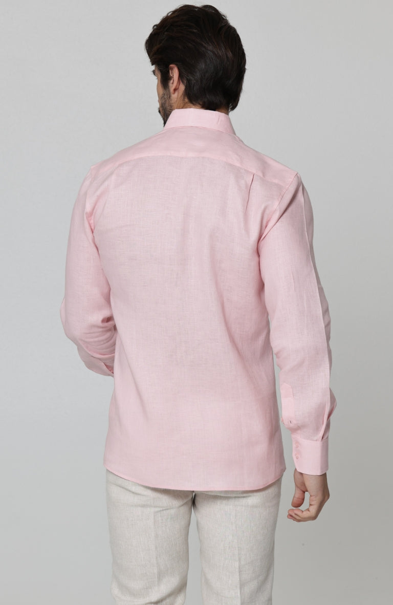 Bradford - Men's Fitted Pink Linen Long Sleeve Shirt w/ Natural Verona Pants