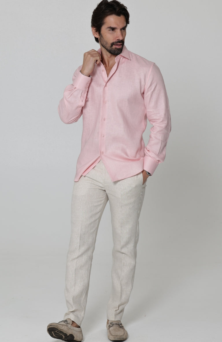 Bradford - Men's Fitted Pink Linen Long Sleeve Shirt w/ Natural Verona Pants