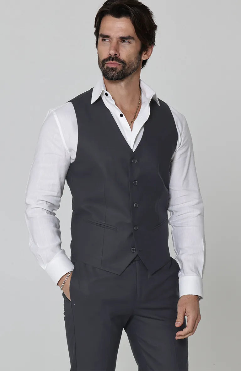 Monaco Vest in Charcoal, Charcoal Verona Pants, Bradford Linen Groom Shirt