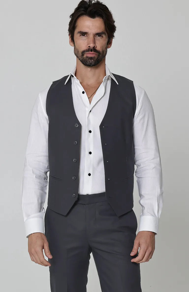 Monaco Vest in Charcoal, Charcoal Verona Pants, Bradford Linen Groom Shirt