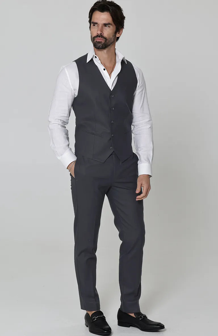 Monaco Vest in Charcoal, Charcoal Verona Pants, Bradford Linen Groom Shirt