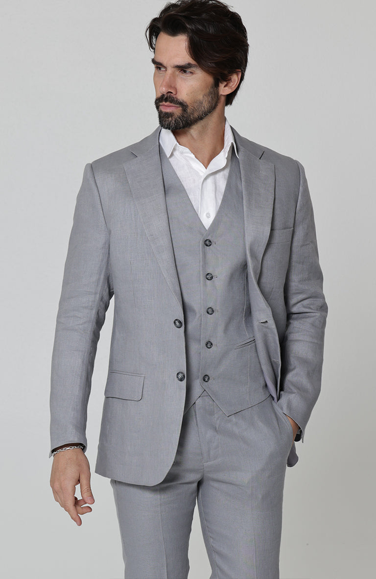 Steel Gray Monte Carlo Linen Suit Jacket, w/Steel Gray Verona Pants and White/Gray Mauritius Shirt.
