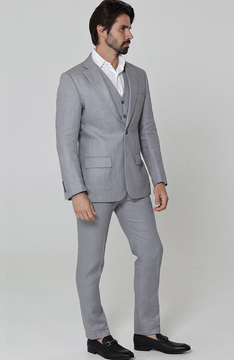 Steel Gray Monte Carlo Linen Suit Jacket, w/Steel Gray Verona Pants and White/Gray Mauritius Shirt.