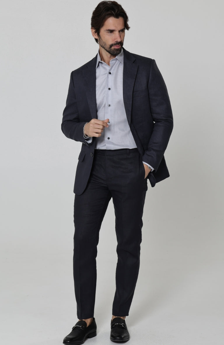 Dark Gray / Charcoal Monte Carlo Linen Suit Jacket, w/Dark Gray Charcoal Verona Pants and Bradford Italian Linen Shirt