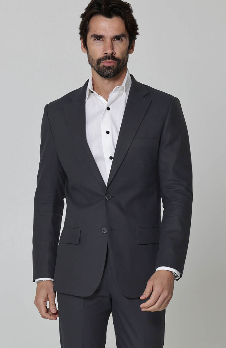Charcoal Monte Carlo Linen Suit Jacket, w/ Charcoal Verona Pants and White Beckford Linen Groom Shirt
