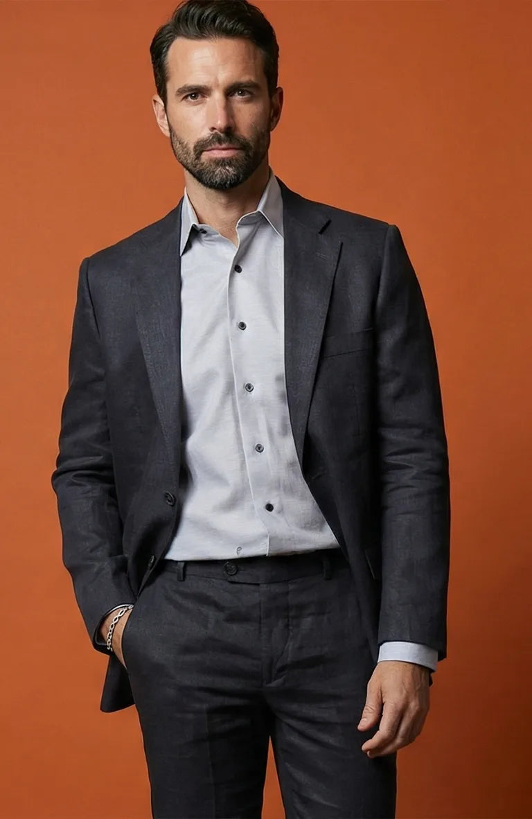 Dark Gray/Charcoal Monte Carlo Linen Suit Jacket, w/Dark Gray Charcoal Verona Pants and Bradford Italian Linen Shirt