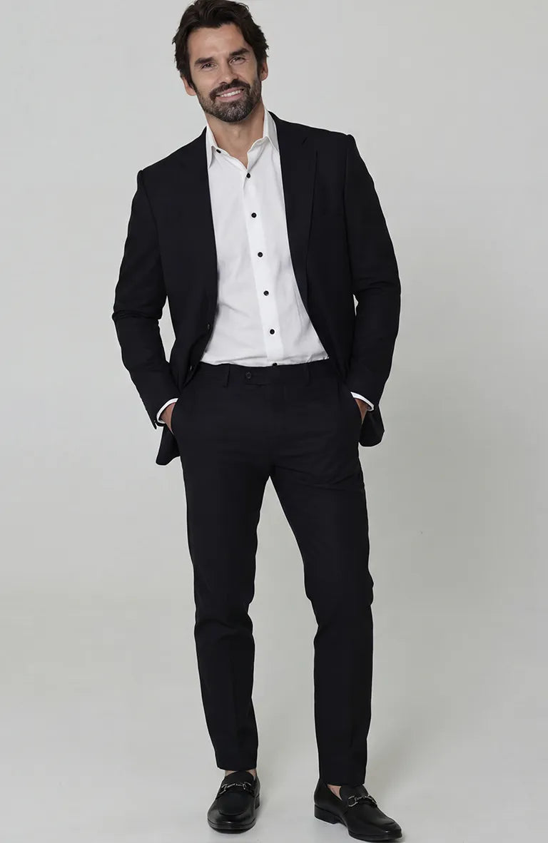 Black Monte Carlo Linen Suit Jacket w/ Black Verona Pants and White Bradford Linen Groom Shirt