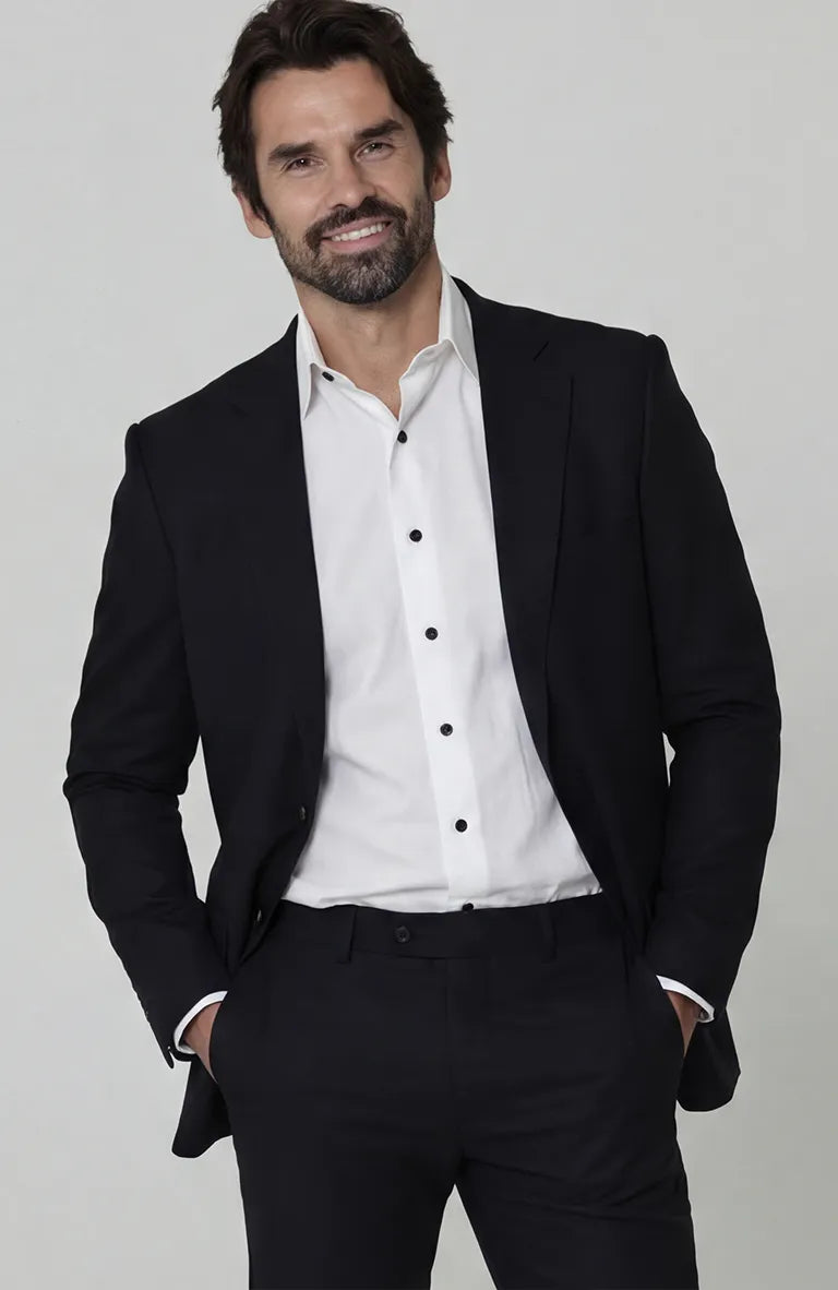 Black Monte Carlo Linen Suit Jacket w/ Black Verona Pants and White Bradford Linen Groom Shirt