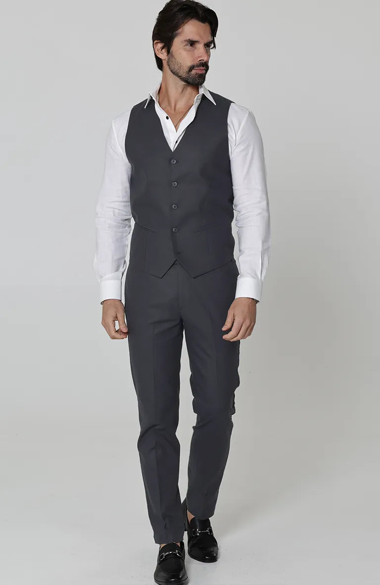 Monaco Vest in Charcoal, Charcoal Verona Pants, Bradford Linen Groom Shirt