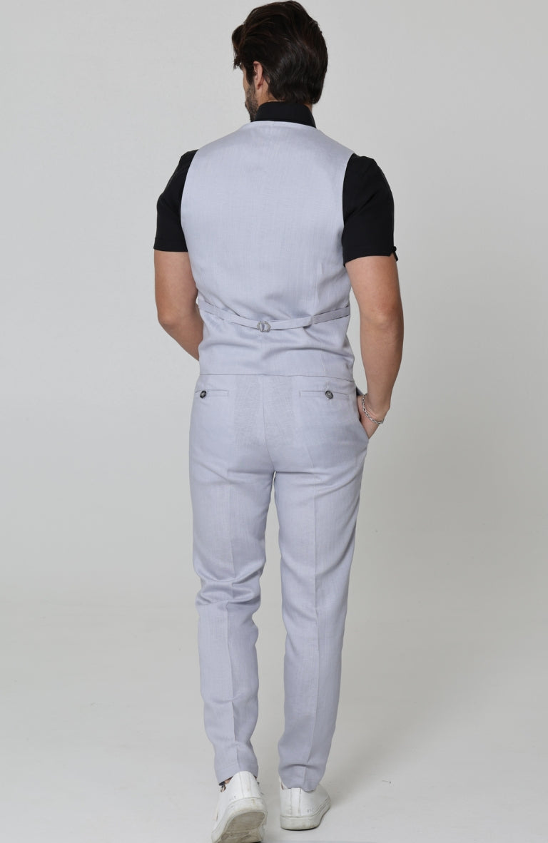 Monaco Men’s Luxury Linen Vest Blue Silver with Verona Italian Linen Pants in Blue Silver