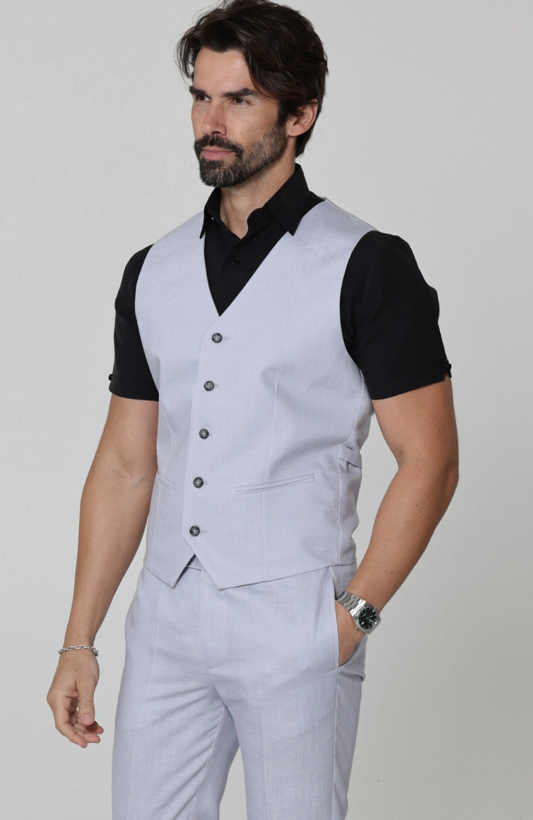 Monaco Men’s Luxury Linen Vest Blue Silver with Verona Italian Linen Pants in Blue Silver