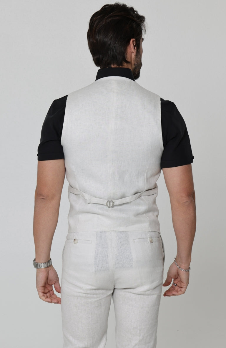 Monaco Italian Linen Vest in Light Sand, Bradford Italian Linen Shirt in Black with Verona Italian Linen Pants in Light Sand