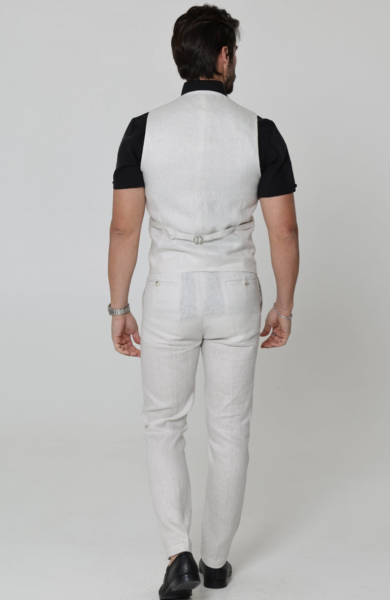 Monaco Italian Linen Vest in Light Sand, Bradford Italian Linen Shirt in Black with Verona Italian Linen Pants in Light Sand