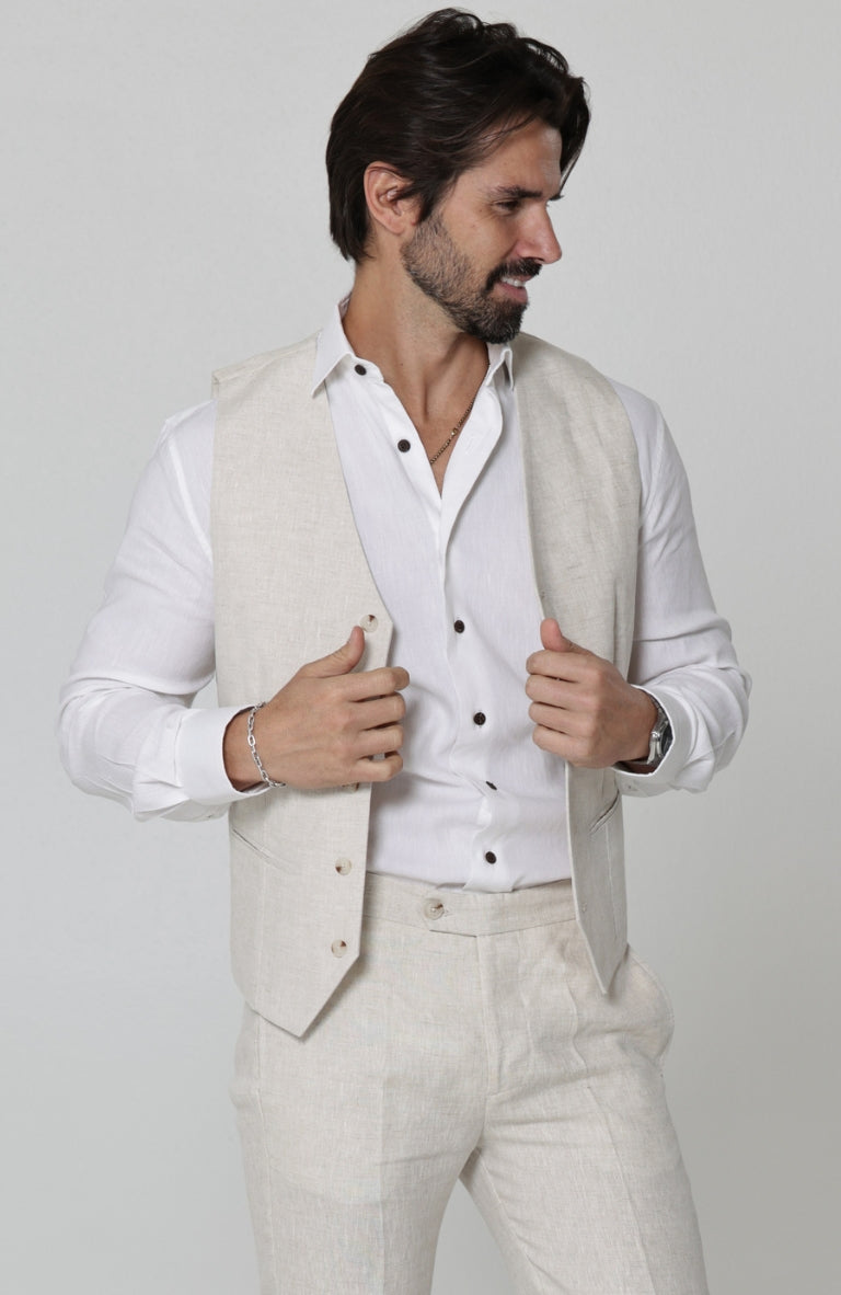Monaco Vest in Natural, White Bradford, Natural Verona Linen Pants