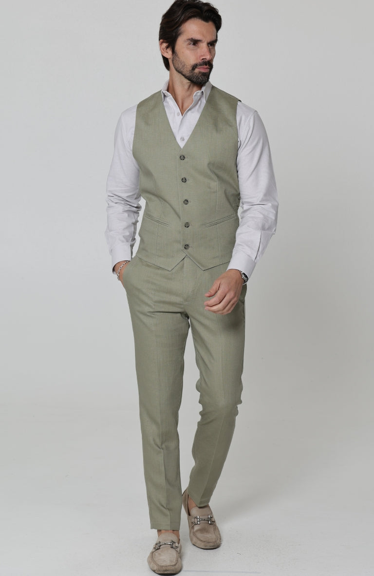 Monaco Men’s Linen Vest in Sage with Verona Italian Linen Pants in Sage