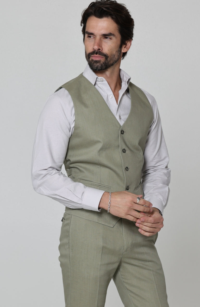 Monaco Men’s Linen Vest in Sage with Verona Italian Linen Pants in Sage