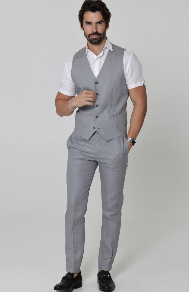 Monaco Linen Vest in Steel Gray with Verona Italian Linen Pants in Steel Gray