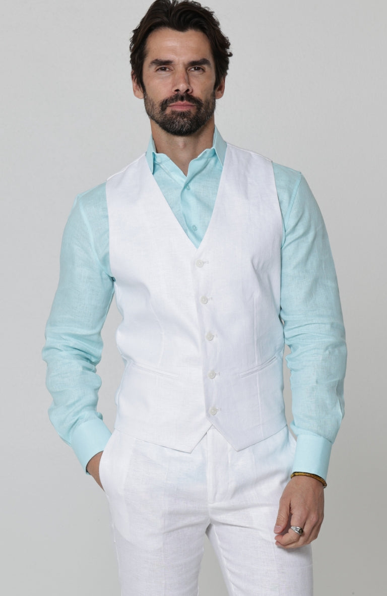 Monaco Linen Vest in White, with White Verona Pants