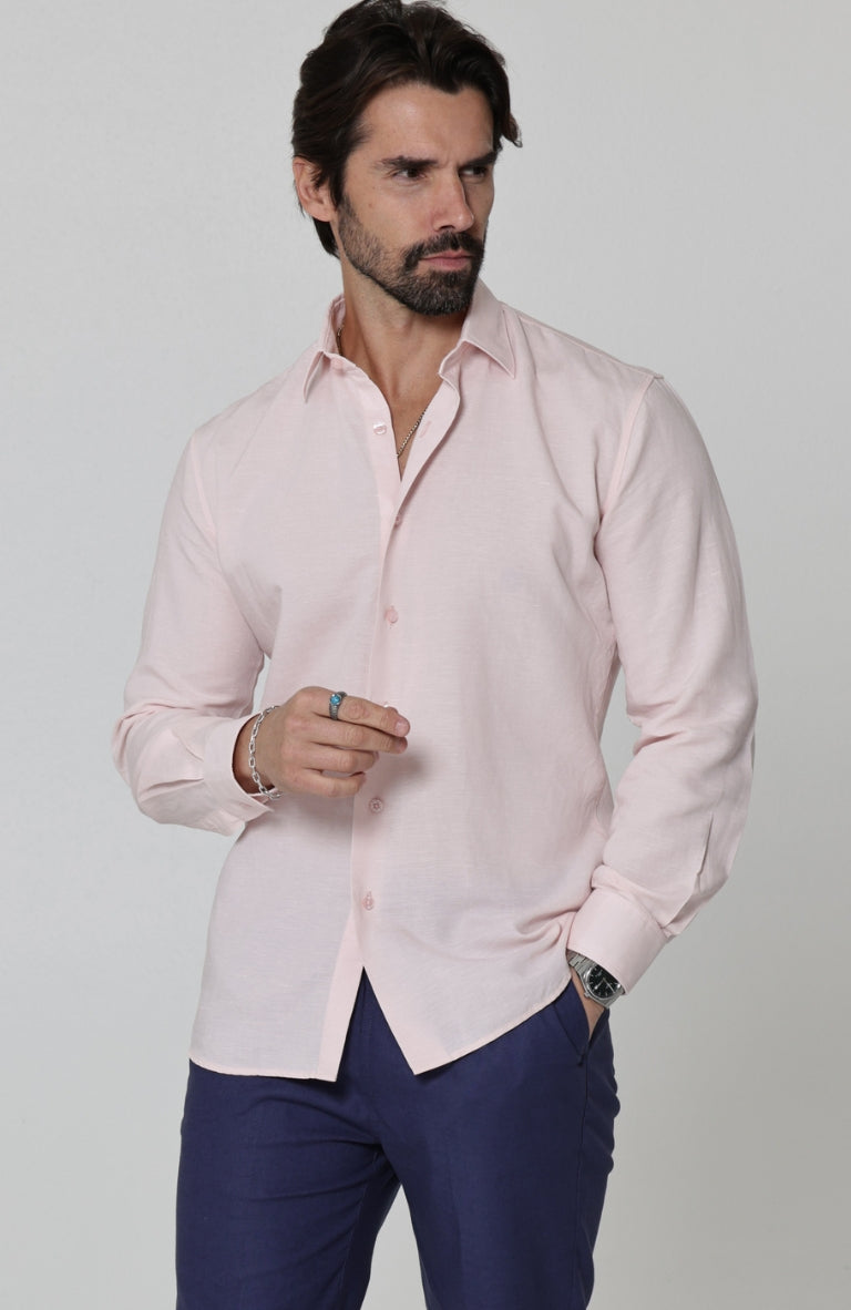 Beckford Men’s Linen Shirt Soft Pink with Velero Drawstring Linen Pants