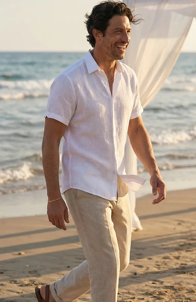 Bradford Men's Bone / Ivory Linen Short Sleeve Shirt with Pants