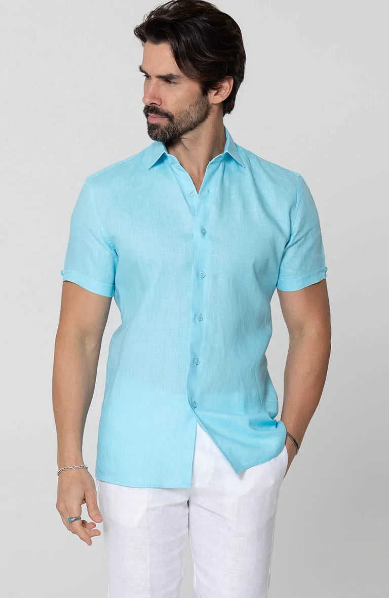 Beach Wedding Attire for Men's Bradford Linen Short Sleeve Shirt in Pool / Tiffany Verona Pants