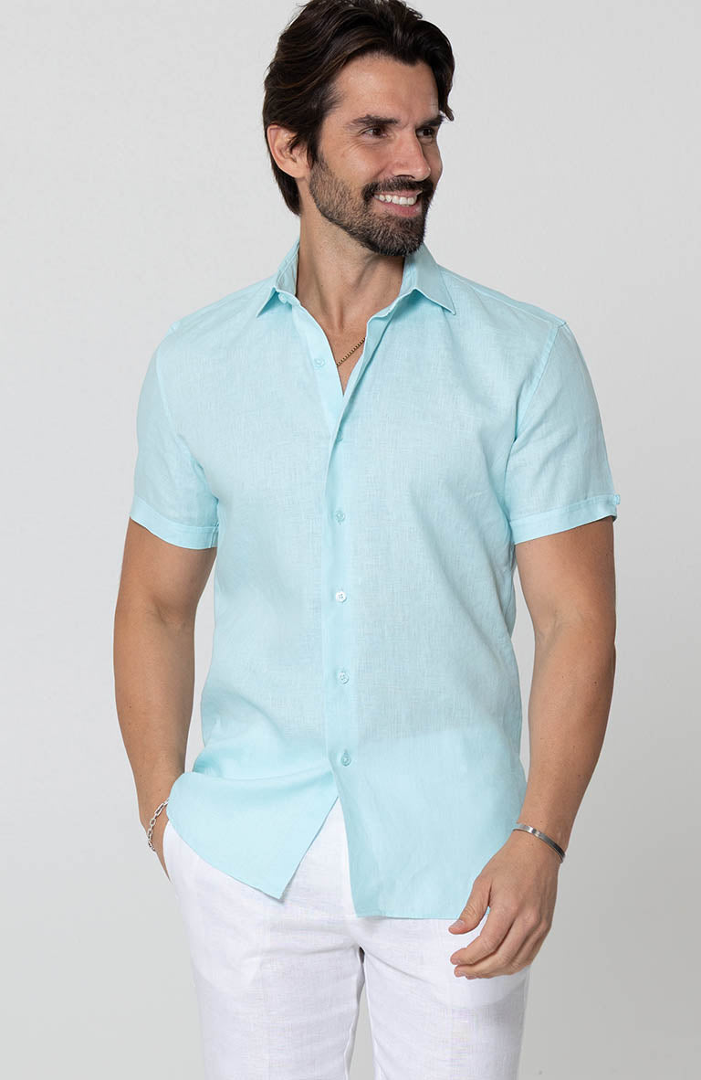 Wedding Attire for Men's Bradford Linen Short Sleeve Shirt in Spa  Verona Pants