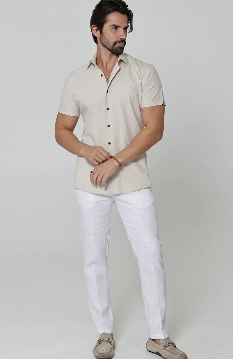 Beckford Italian Linen Shirt in Natural and Coconut Buttons, White Verona Pants - Short