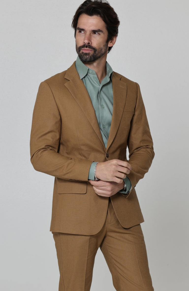Monte Carlo Men's Linen Suit Jacket in Mocha with Hunter Green Beckford Shirt