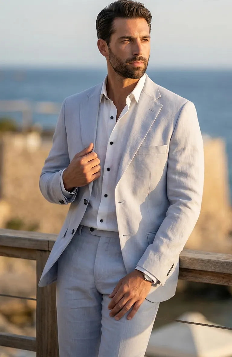 Silver Blue Monte Carlo Linen Blazer w/ Matching Verona Linen Pants and White Bradford Groom Shirt