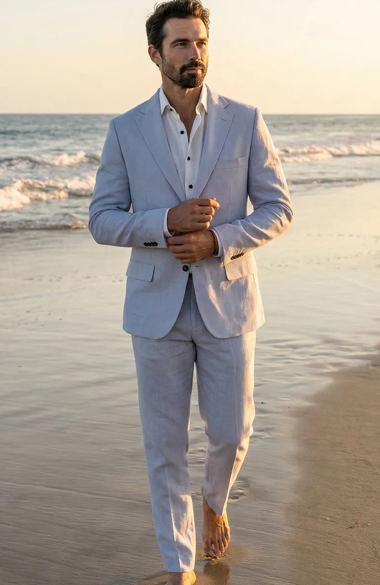 Silver Blue Monte Carlo Linen Blazer w/ Matching Verona Linen Pants and White Bradford Groom Shirt