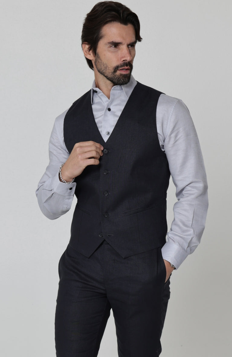 Monaco Linen Vest for Wedding Black