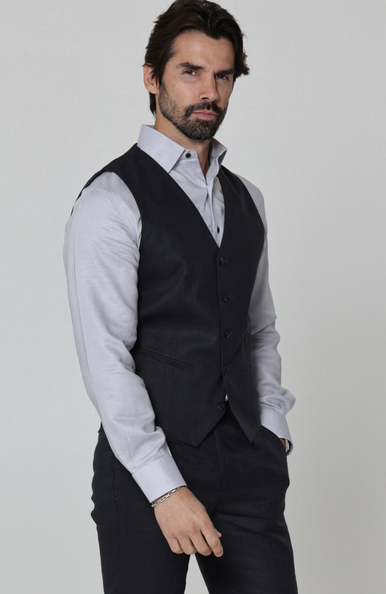 Monaco Linen Vest for Wedding Black