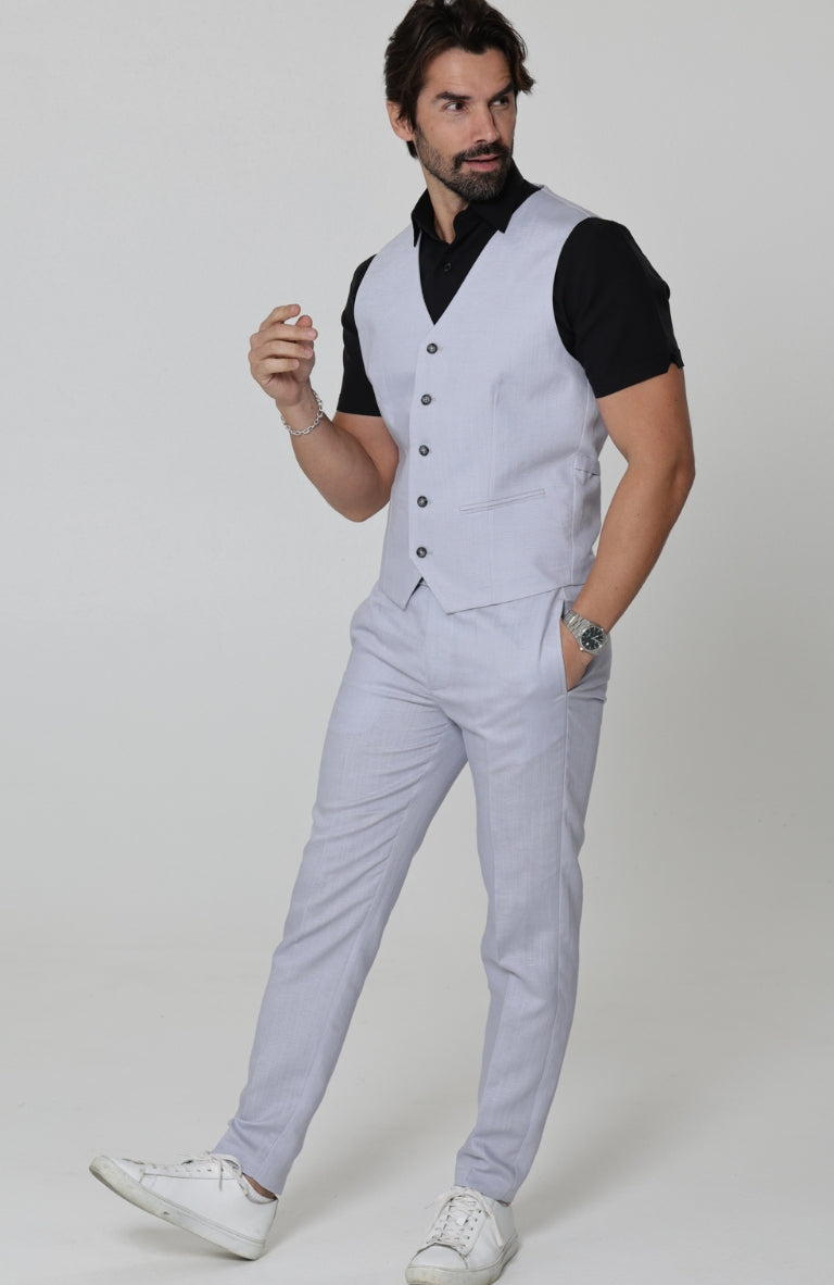 Monaco Men’s Luxury Linen Vest Blue Silver with Verona Italian Linen Pants in Blue Silver