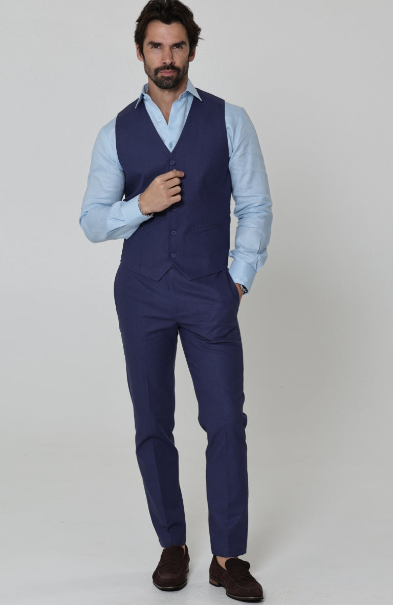 Monaco Men’s Linen Summer Vest Soft Navy with Verona Italian Linen Pants in Soft Navy
