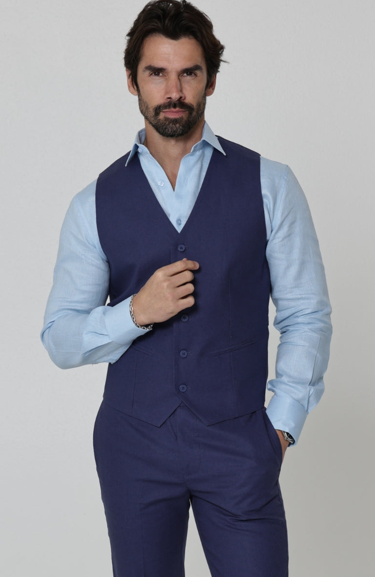 Monaco Men’s Linen Summer Vest Soft Navy with Verona Italian Linen Pants in Soft Navy