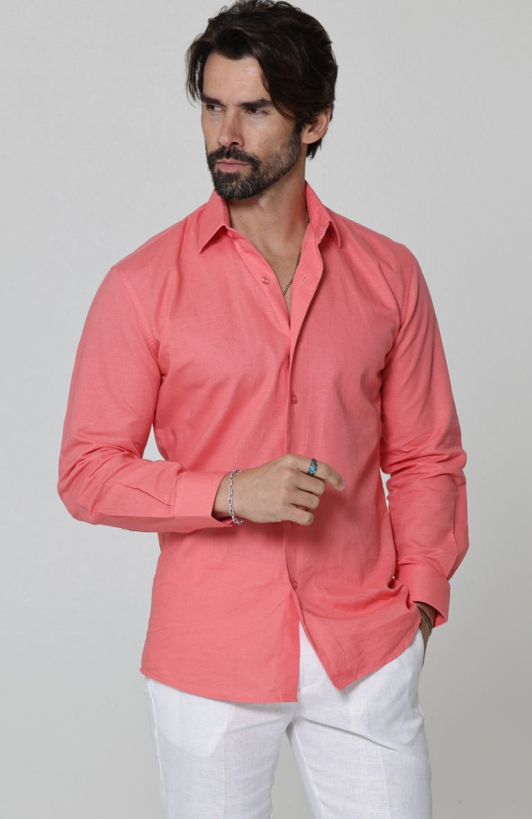 Beckford Men’s Casual Linen Shirts in Salmon with Italian Linen Pants in White