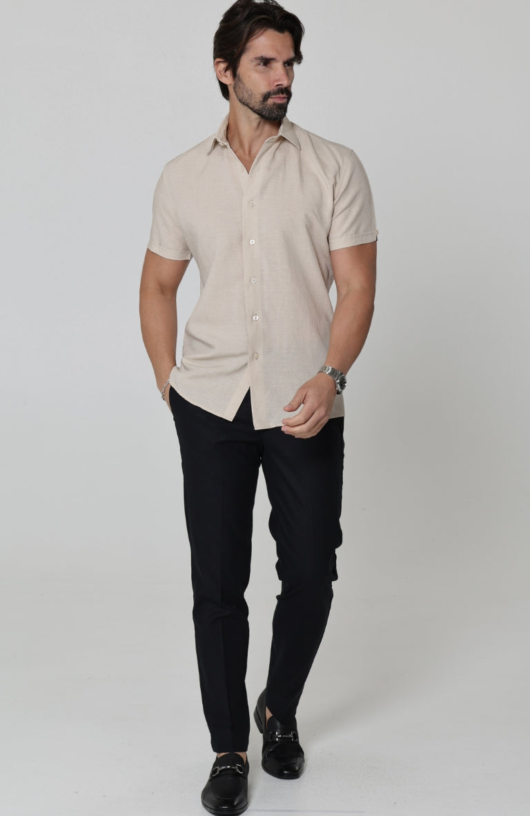 Beckford Linen Wedding Shirt in Ecru, with Black Linen Verona Pants