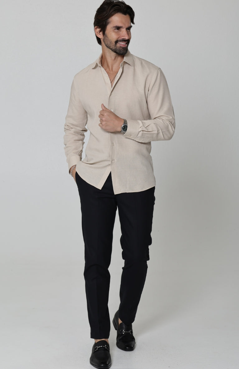 Beckford Linen Wedding Shirt in Ecru, with Black Linen Verona Pants