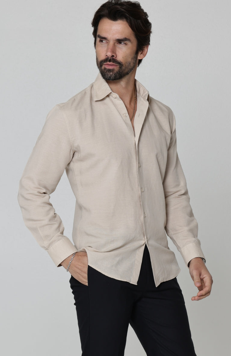 Beckford Linen Wedding Shirt in Ecru, with Black Linen Verona Pants