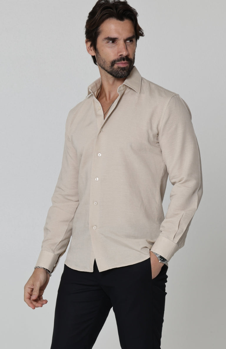 Beckford Linen Wedding Shirt in Ecru, with Black Linen Verona Pants