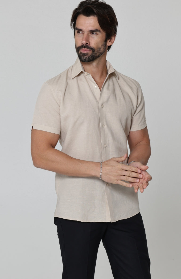 Beckford Linen Wedding Shirt in Ecru, with Black Linen Verona Pants