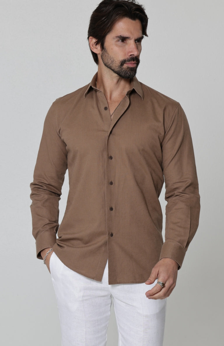 Beckford Men’s Vacation Linen Shirts in Carob with Verona Italian Linen Pants in White