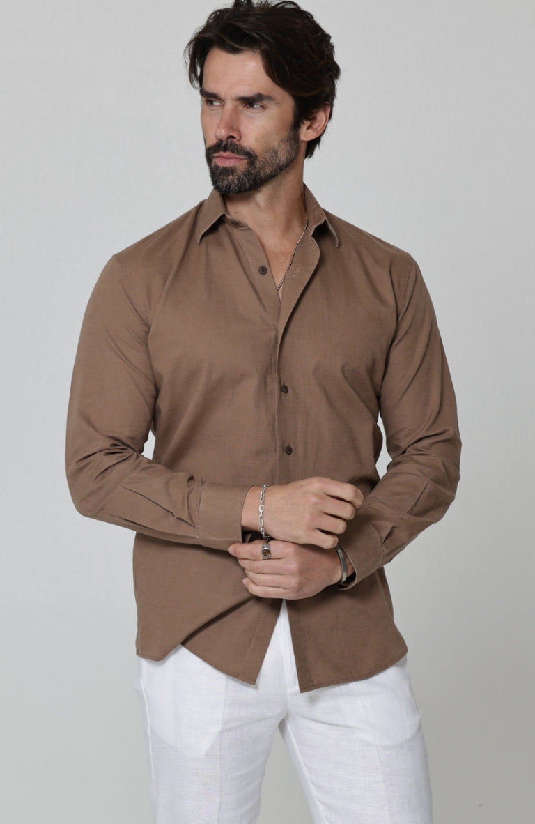 Beckford Men’s Vacation Linen Shirts in Carob with Verona Italian Linen Pants in White