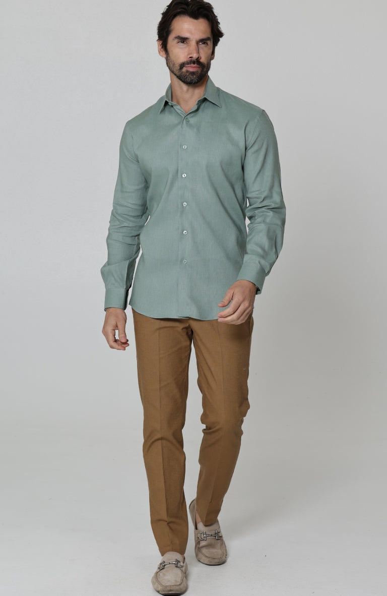 Beckford Relaxed Fit Linen Shirts Hunter Green with Men's Velero Summer Linen Pants in Mocha
