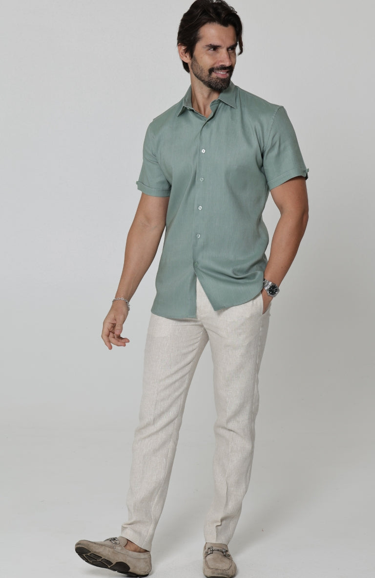 Beckford Linen Shirt in Hunter Green with Men's Natural Verona Pants
