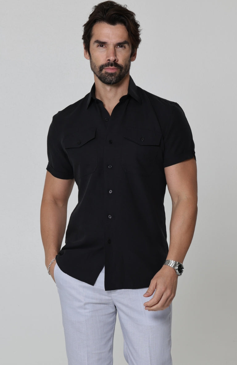 Beckford Breathable Linen Shirts Black with Italian Linen Pants in Blue Silver Short