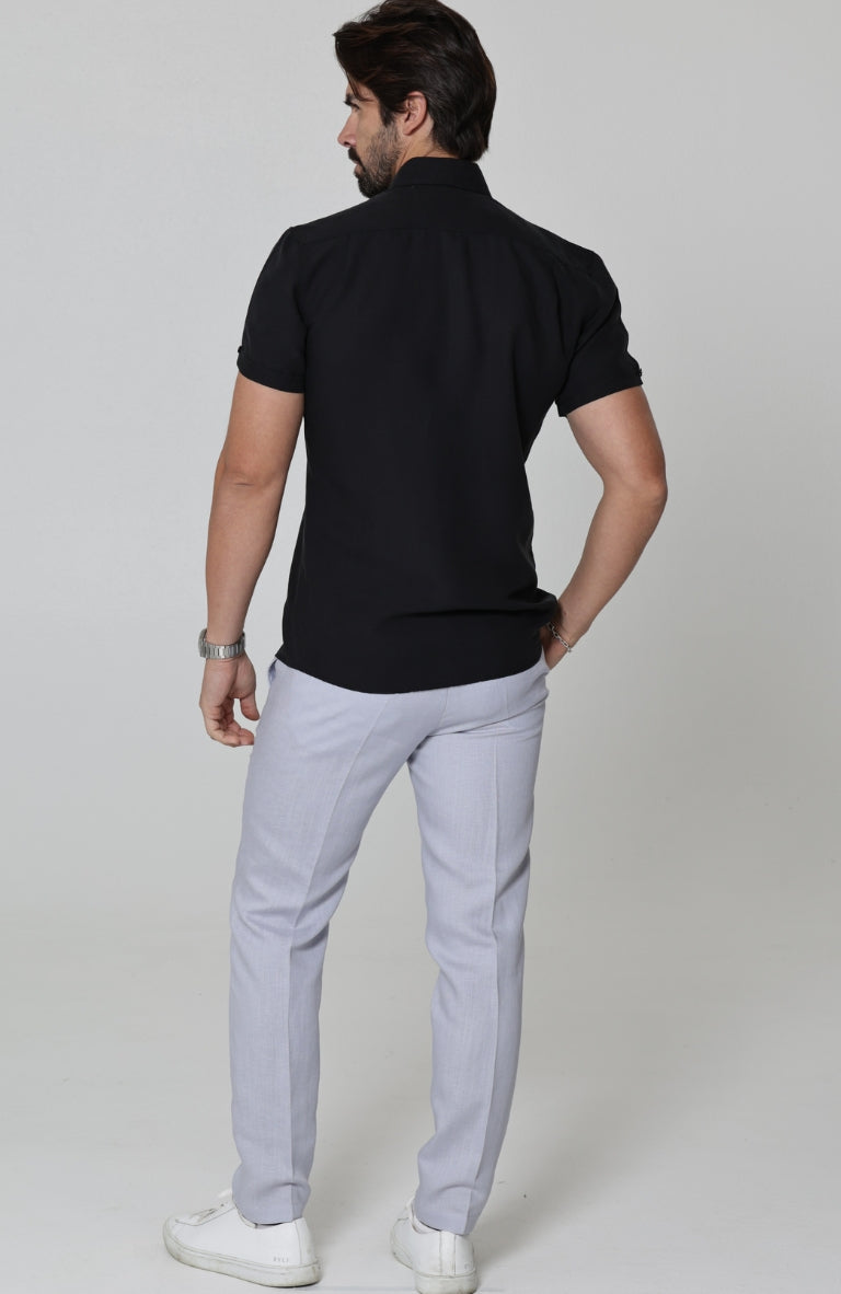 Beckford Breathable Linen Shirts Black with Italian Linen Pants in Blue Silver Short