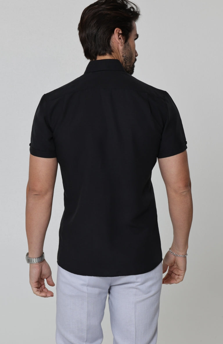 Beckford Breathable Linen Shirts Black with Italian Linen Pants in Blue Silver Short
