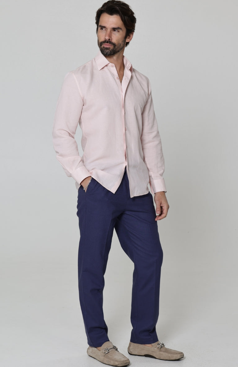 Beckford Men’s Linen Shirt Soft Pink with Velero Drawstring Linen Pants in Soft Navy