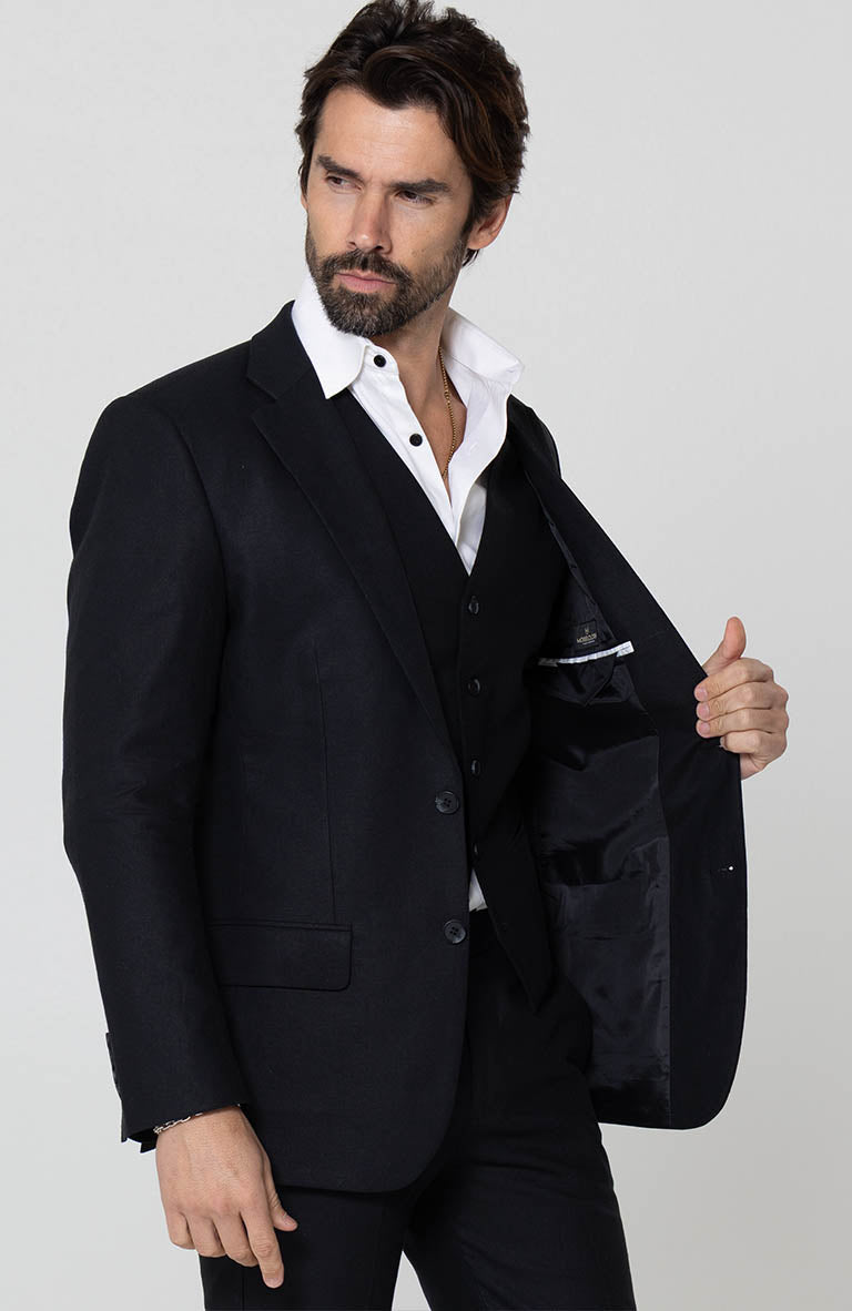 Black Monte Carlo Linen Suit Jacket, w/ Black Verona Pants and  Bradford Linen Groom Shirt